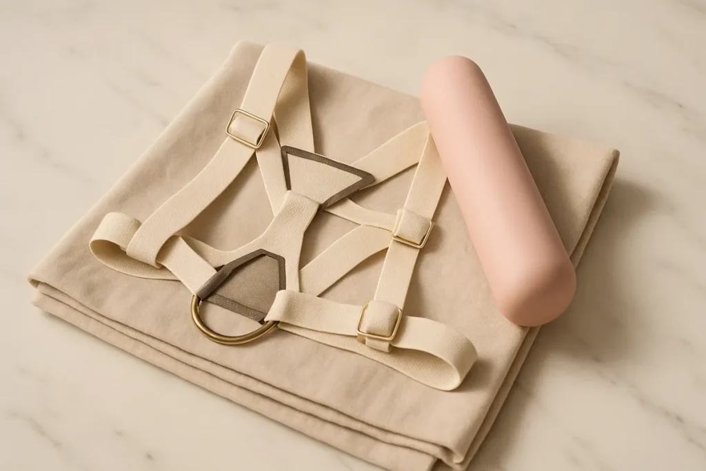 Arnés de tela y dildo de silicona sobre lino