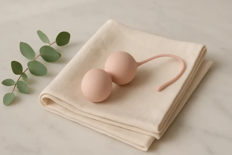 Bolas chinas de silicona rosa sobre lino junto a eucalipto