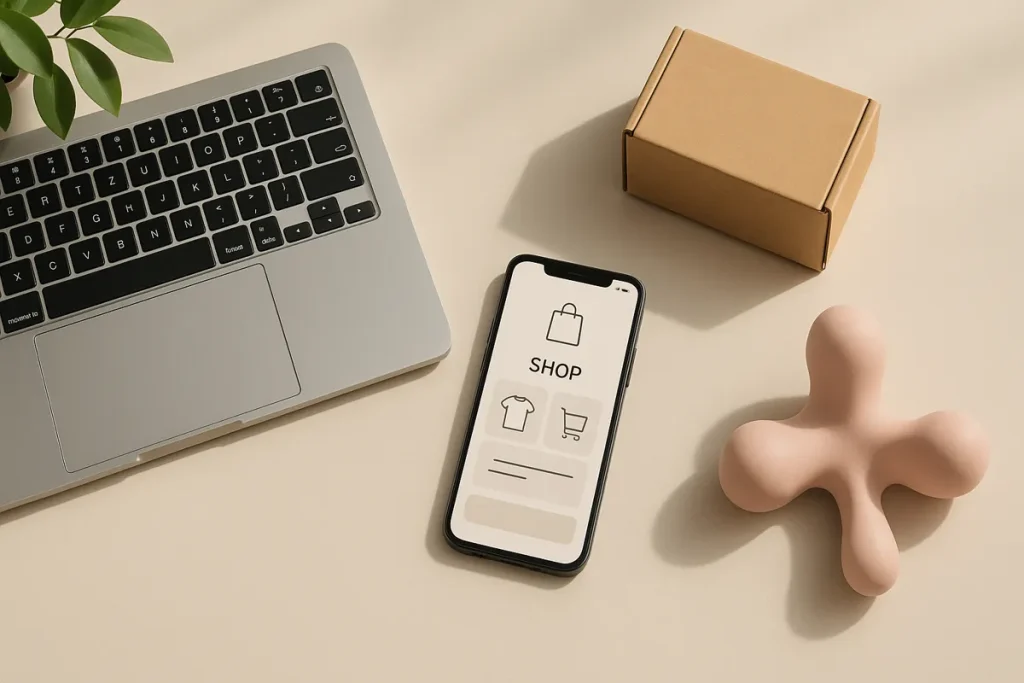 Compra online de juguetes eróticos: laptop, móvil y paquete discreto sobre un escritorio