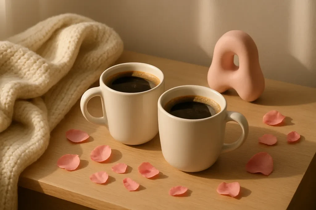 Mesita de noche con dos tazas y un juguete de pareja