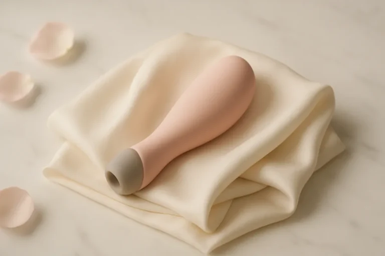 Succionador de clítoris de silicona rosa sobre seda